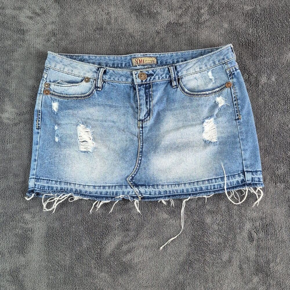 YMI Distressed Y2K Denim Mini Skirt Blue Frayed Hem Button Pockets Women